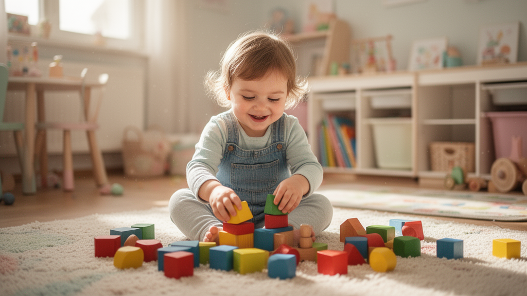 A child playing with colorful wooden toys in a sunlit room
